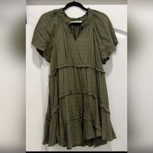 Love You Bunches.  Olive Green, V-neck, ruffled collar dress Size Small